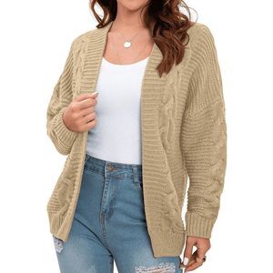 PRINSTORY Women's Chunky Knit Open Front Cardigan Sweater Khaki Size Medium